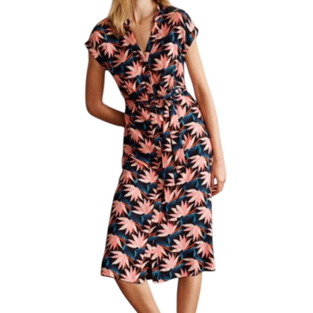 Boden Nicola Midi Shirt Dress Womens 10 Multicolor Tropical Button Belted NEW